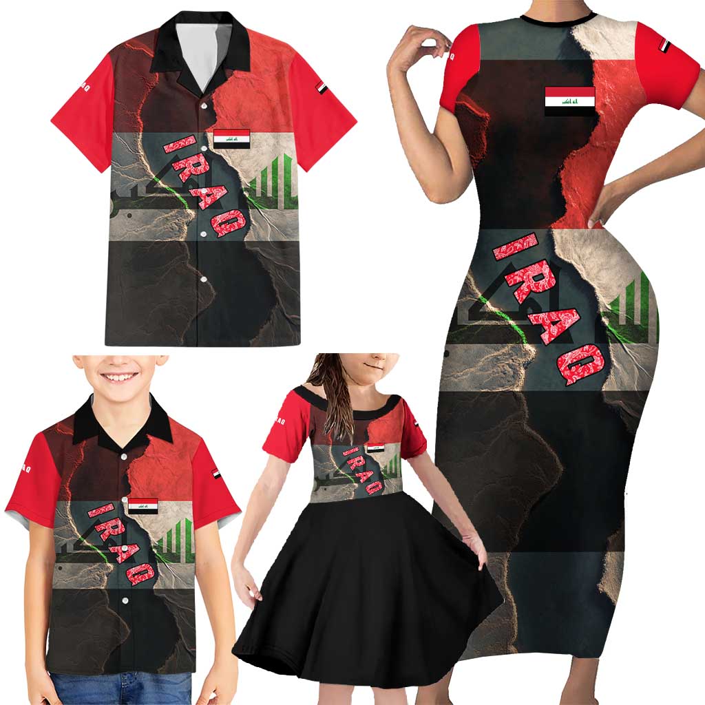 Iraq Flag Texture Family Matching Short Sleeve Bodycon Dress and Hawaiian Shirt with Golden Eagle Emblem and Cracked Earth Background Design - Wonder Print Shop