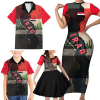 Iraq Flag Texture Family Matching Short Sleeve Bodycon Dress and Hawaiian Shirt with Golden Eagle Emblem and Cracked Earth Background Design - Wonder Print Shop