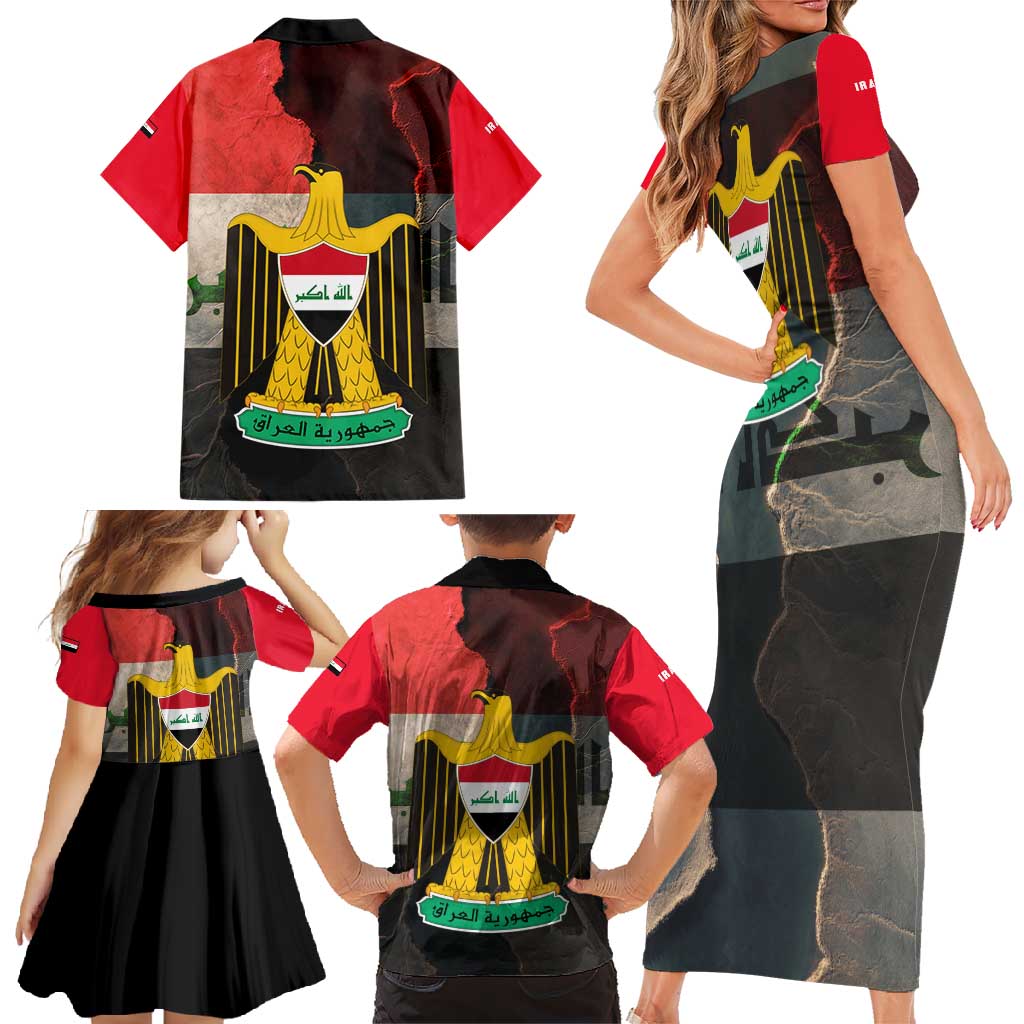 Iraq Flag Texture Family Matching Short Sleeve Bodycon Dress and Hawaiian Shirt with Golden Eagle Emblem and Cracked Earth Background Design - Wonder Print Shop