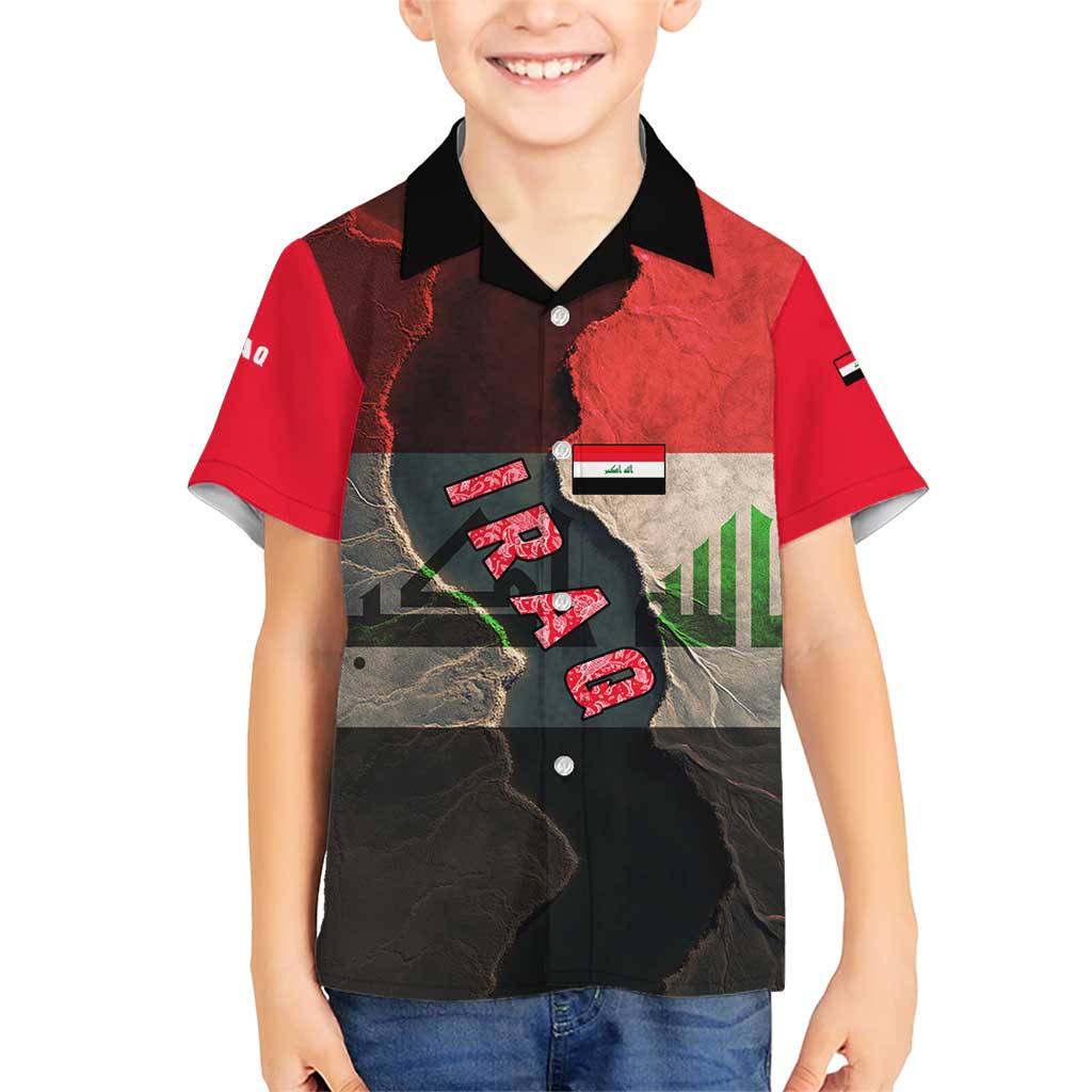 Iraq Flag Texture Family Matching Short Sleeve Bodycon Dress and Hawaiian Shirt with Golden Eagle Emblem and Cracked Earth Background Design - Wonder Print Shop