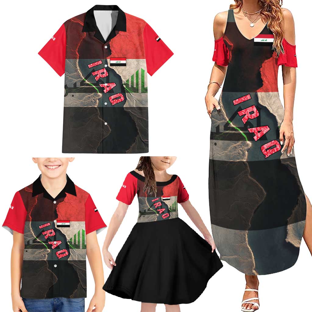 Iraq Flag Texture Family Matching Summer Maxi Dress and Hawaiian Shirt with Golden Eagle Emblem and Cracked Earth Background Design - Wonder Print Shop