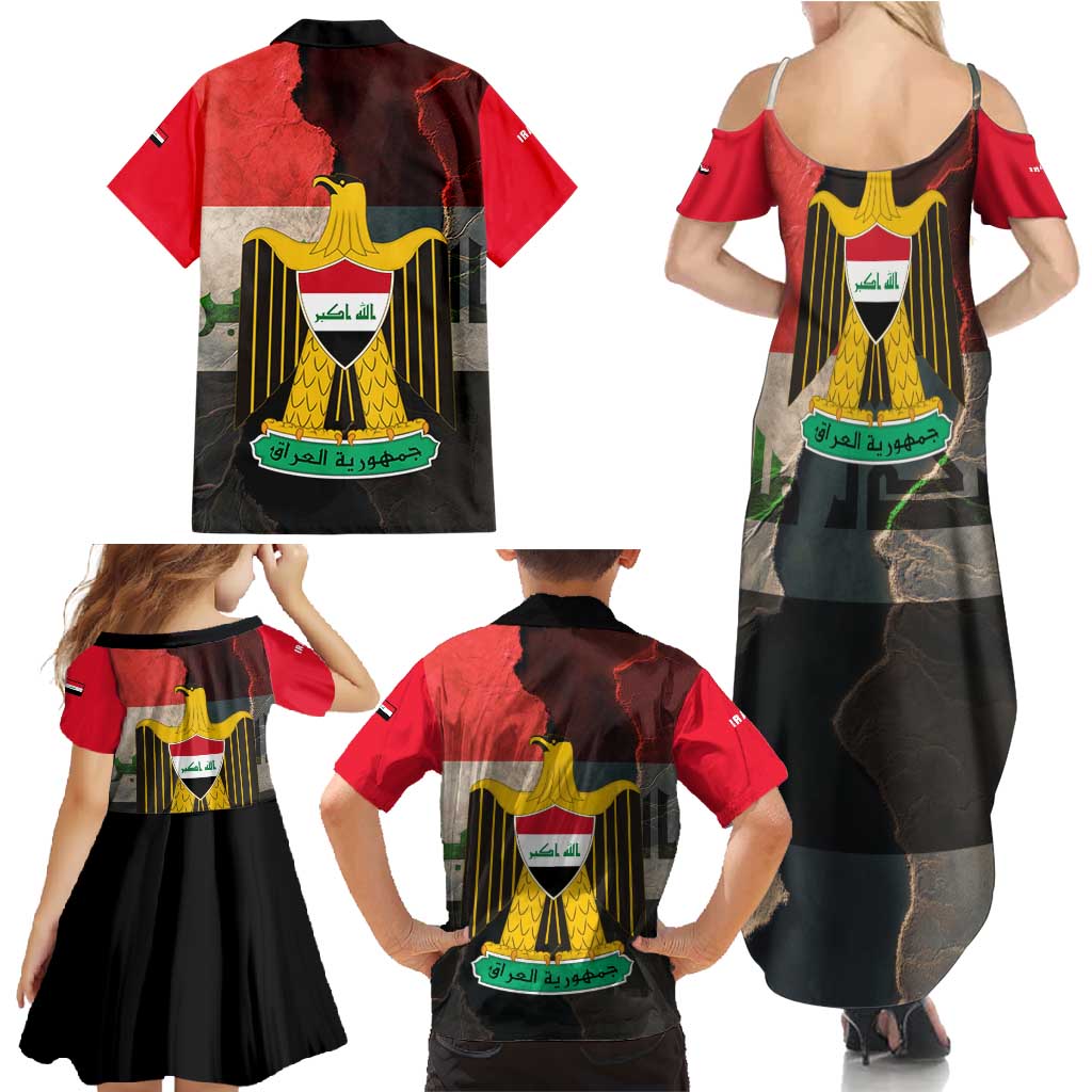 Iraq Flag Texture Family Matching Summer Maxi Dress and Hawaiian Shirt with Golden Eagle Emblem and Cracked Earth Background Design - Wonder Print Shop