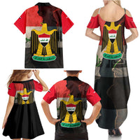 Iraq Flag Texture Family Matching Summer Maxi Dress and Hawaiian Shirt with Golden Eagle Emblem and Cracked Earth Background Design - Wonder Print Shop