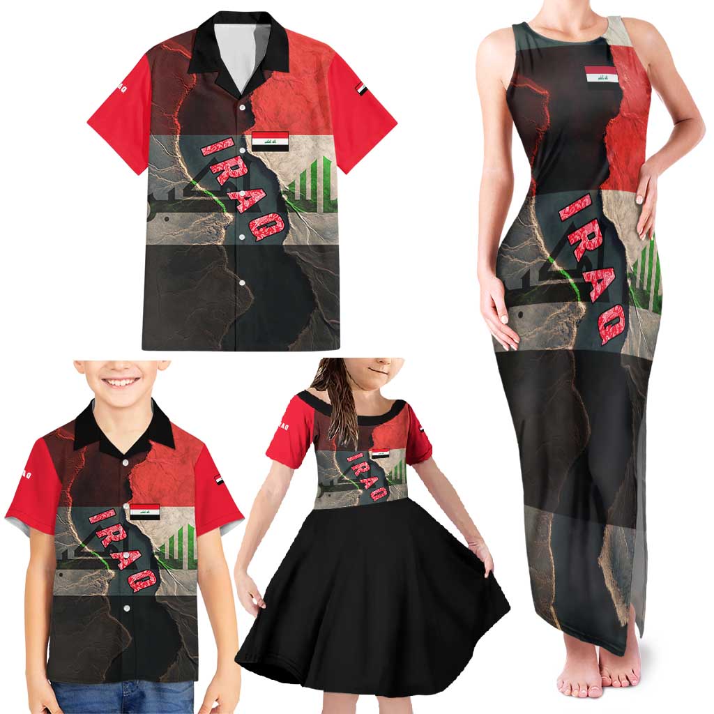 Iraq Flag Texture Family Matching Tank Maxi Dress and Hawaiian Shirt with Golden Eagle Emblem and Cracked Earth Background Design - Wonder Print Shop