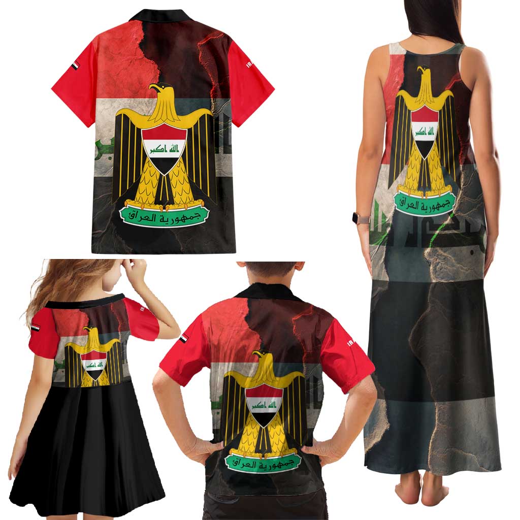 Iraq Flag Texture Family Matching Tank Maxi Dress and Hawaiian Shirt with Golden Eagle Emblem and Cracked Earth Background Design - Wonder Print Shop