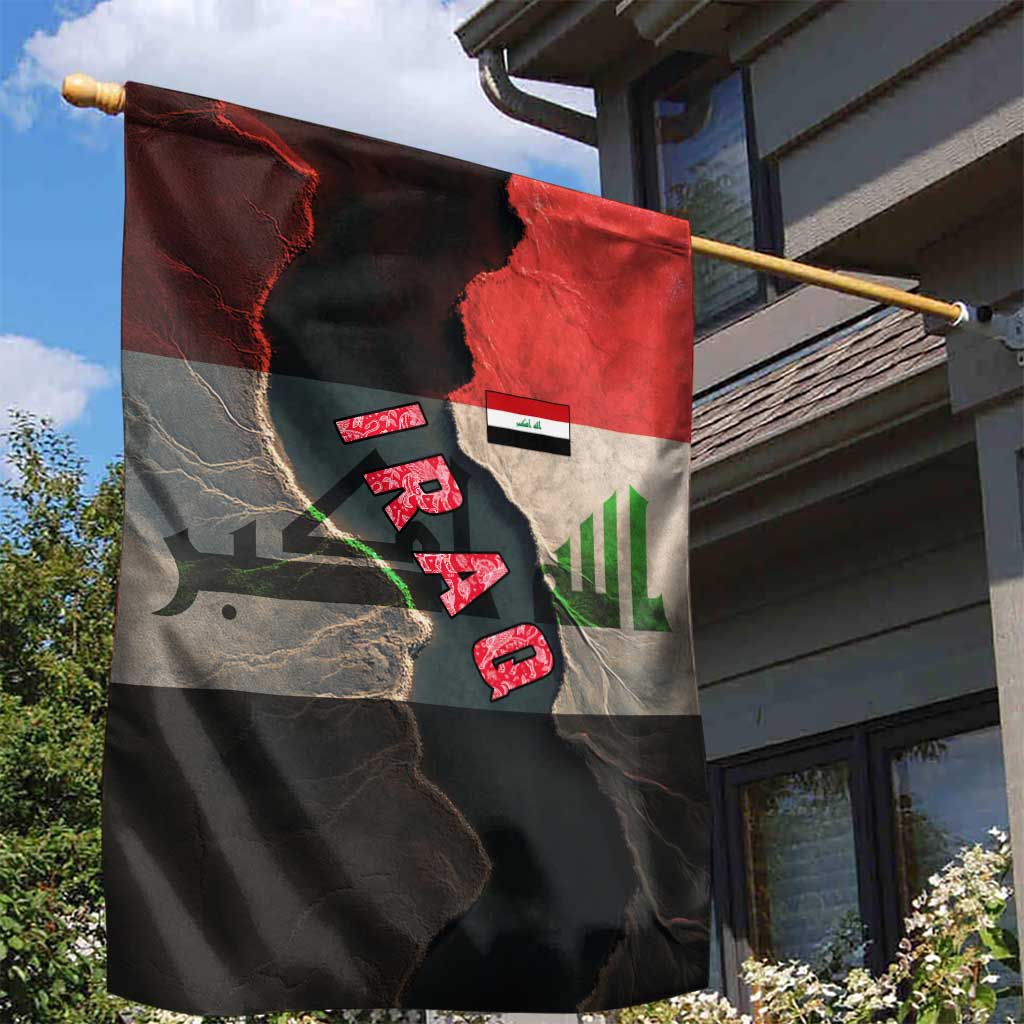 Iraq Flag Texture Garden Flag with Golden Eagle Emblem and Cracked Earth Background Design - Wonder Print Shop
