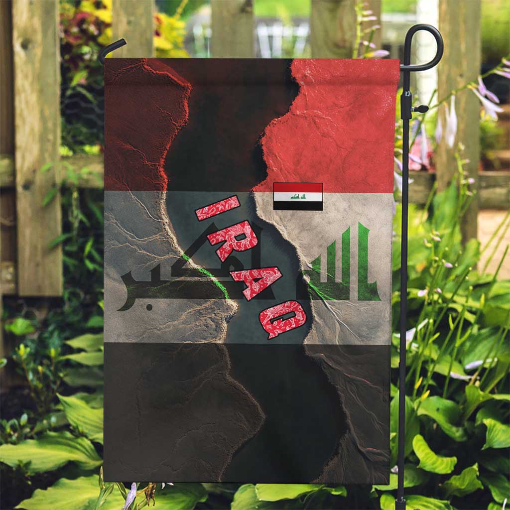 Iraq Flag Texture Garden Flag with Golden Eagle Emblem and Cracked Earth Background Design - Wonder Print Shop