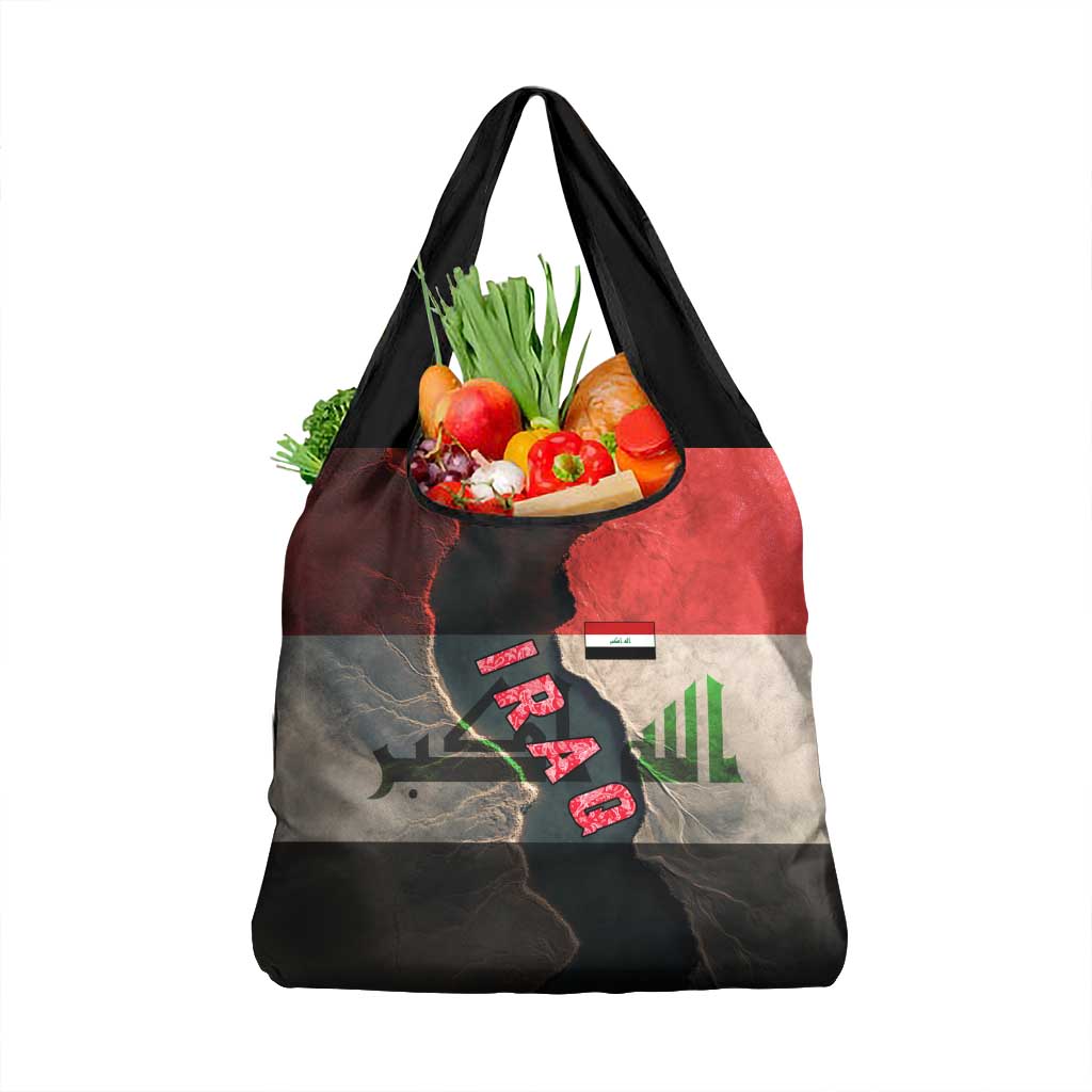 Iraq Flag Texture Grocery Bag with Golden Eagle Emblem and Cracked Earth Background Design - Wonder Print Shop