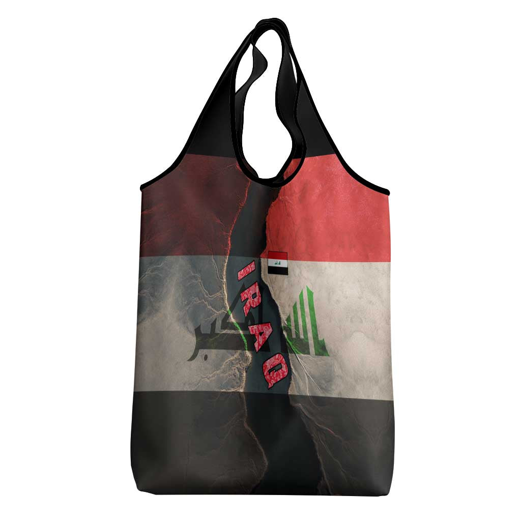 Iraq Flag Texture Grocery Bag with Golden Eagle Emblem and Cracked Earth Background Design - Wonder Print Shop