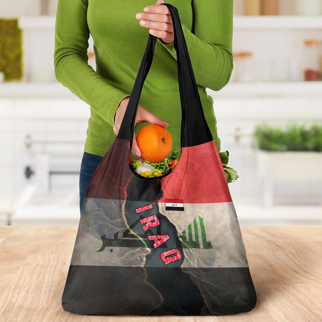 Iraq Flag Texture Grocery Bag with Golden Eagle Emblem and Cracked Earth Background Design - Wonder Print Shop