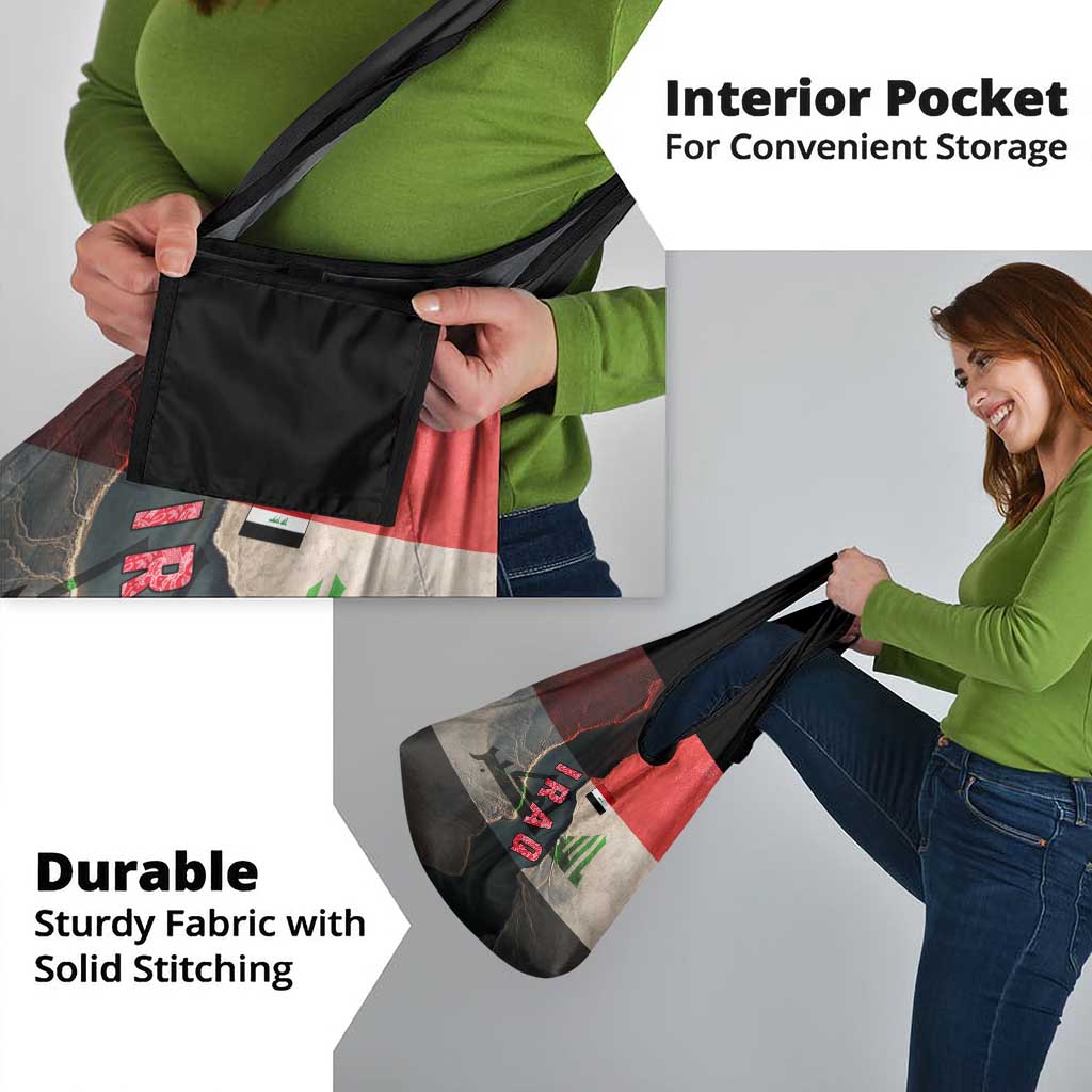 Iraq Flag Texture Grocery Bag with Golden Eagle Emblem and Cracked Earth Background Design - Wonder Print Shop