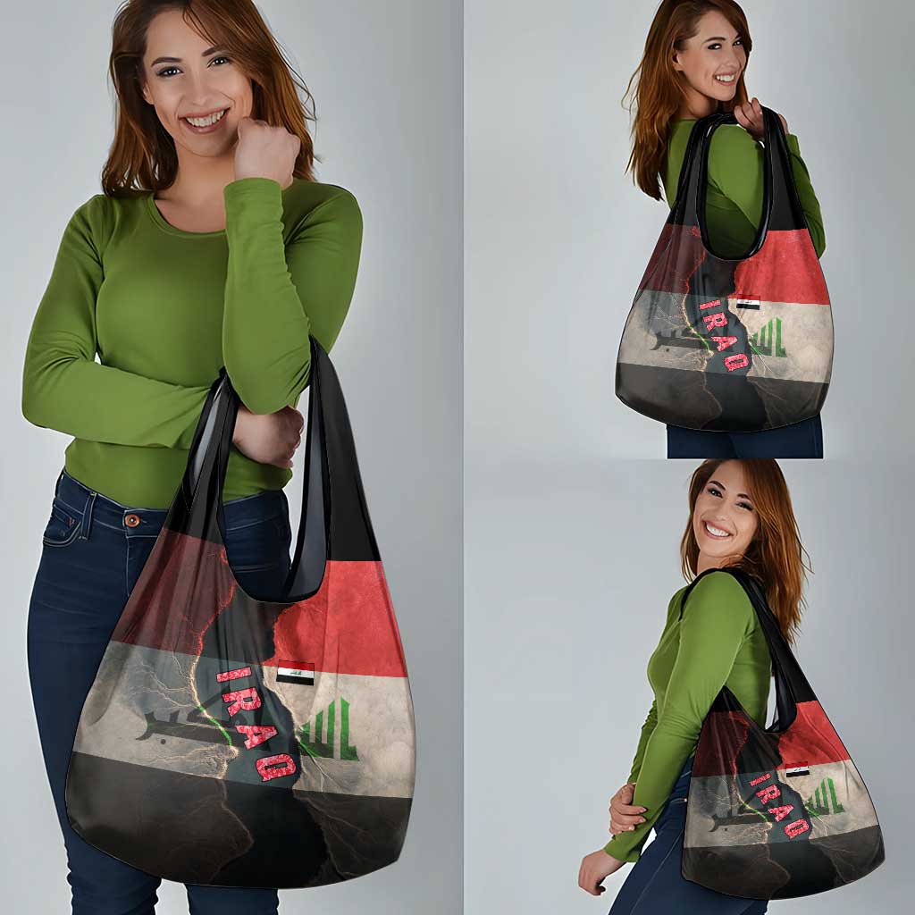 Iraq Flag Texture Grocery Bag with Golden Eagle Emblem and Cracked Earth Background Design - Wonder Print Shop