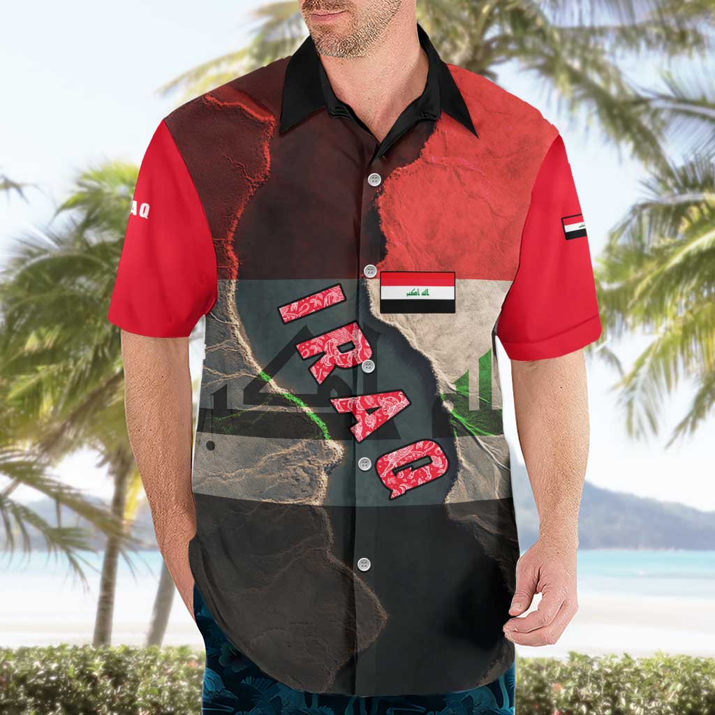 Iraq Flag Texture Hawaiian Shirt with Golden Eagle Emblem and Cracked Earth Background Design - Wonder Print Shop
