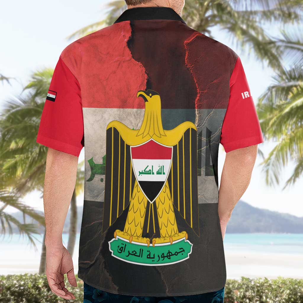 Iraq Flag Texture Hawaiian Shirt with Golden Eagle Emblem and Cracked Earth Background Design - Wonder Print Shop