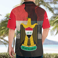 Iraq Flag Texture Hawaiian Shirt with Golden Eagle Emblem and Cracked Earth Background Design - Wonder Print Shop