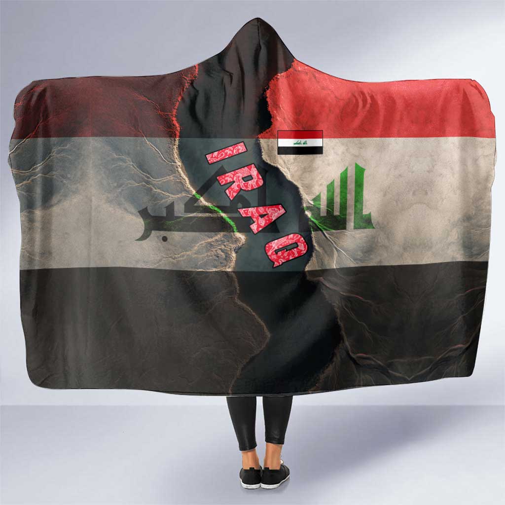 Iraq Flag Texture Hooded Blanket with Golden Eagle Emblem and Cracked Earth Background Design - Wonder Print Shop