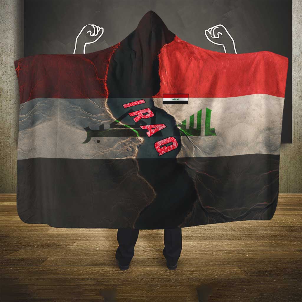 Iraq Flag Texture Hooded Blanket with Golden Eagle Emblem and Cracked Earth Background Design - Wonder Print Shop