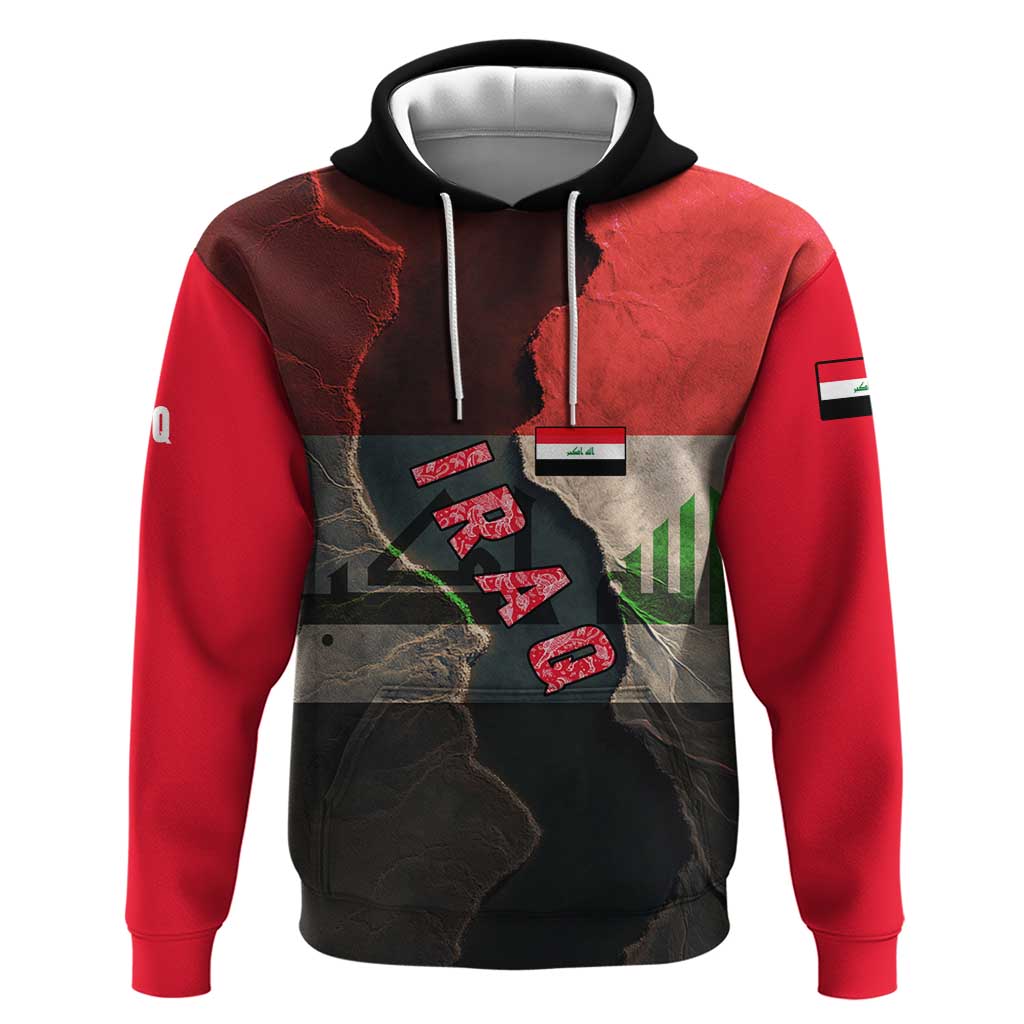 Iraq Flag Texture Hoodie with Golden Eagle Emblem and Cracked Earth Background Design - Wonder Print Shop