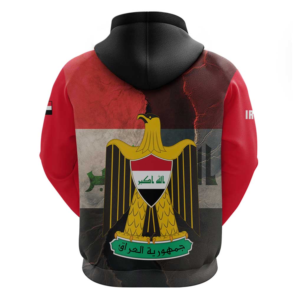 Iraq Flag Texture Hoodie with Golden Eagle Emblem and Cracked Earth Background Design - Wonder Print Shop