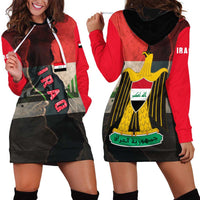 Iraq Flag Texture Hoodie Dress with Golden Eagle Emblem and Cracked Earth Background Design - Wonder Print Shop