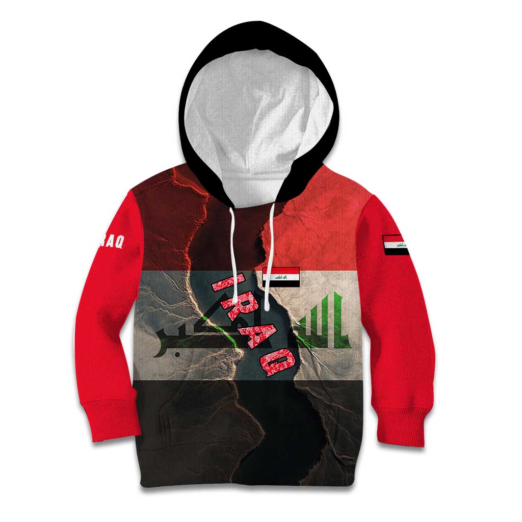 Iraq Flag Texture Kid Hoodie with Golden Eagle Emblem and Cracked Earth Background Design - Wonder Print Shop