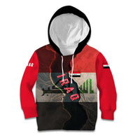 Iraq Flag Texture Kid Hoodie with Golden Eagle Emblem and Cracked Earth Background Design - Wonder Print Shop