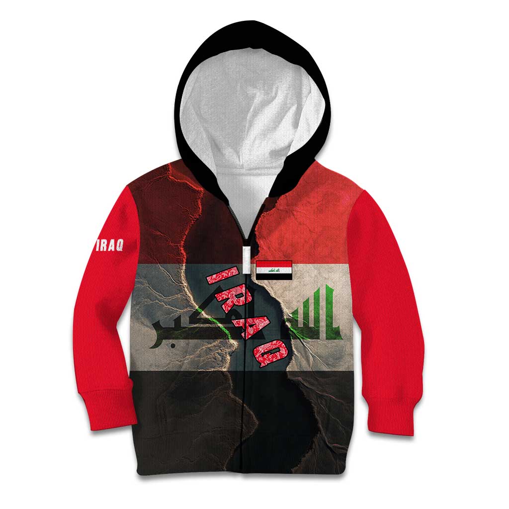 Iraq Flag Texture Kid Hoodie with Golden Eagle Emblem and Cracked Earth Background Design - Wonder Print Shop