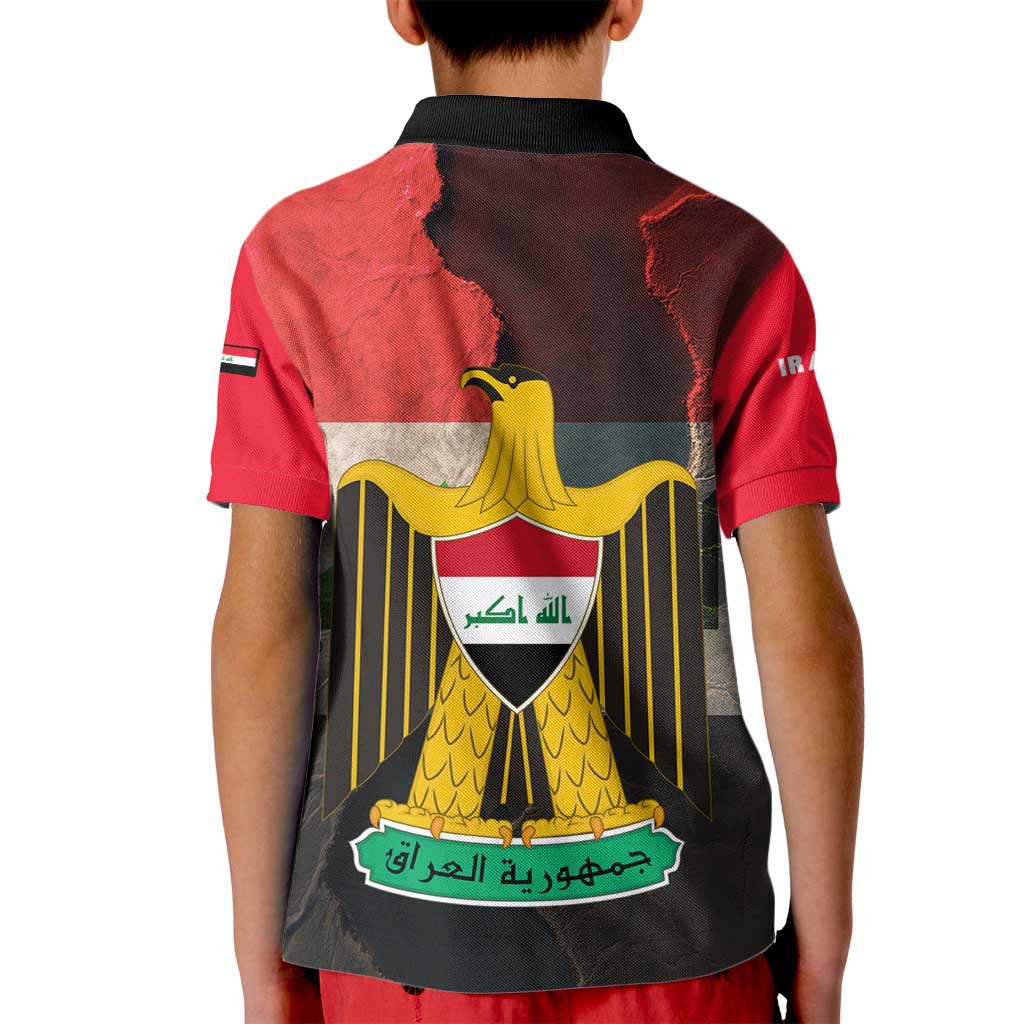 Iraq Flag Texture Kid Polo Shirt with Golden Eagle Emblem and Cracked Earth Background Design - Wonder Print Shop
