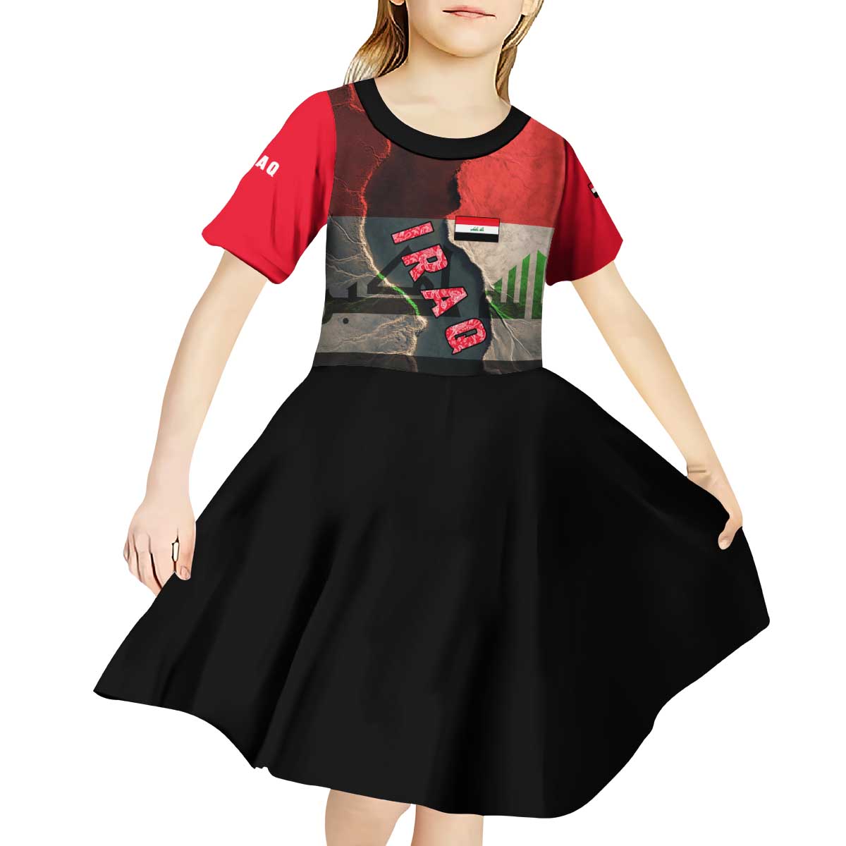 Iraq Flag Texture Kid Short Sleeve Dress with Golden Eagle Emblem and Cracked Earth Background Design - Wonder Print Shop