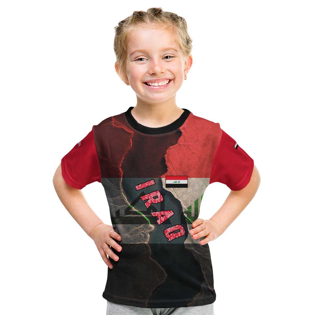 Iraq Flag Texture Kid T Shirt with Golden Eagle Emblem and Cracked Earth Background Design - Wonder Print Shop