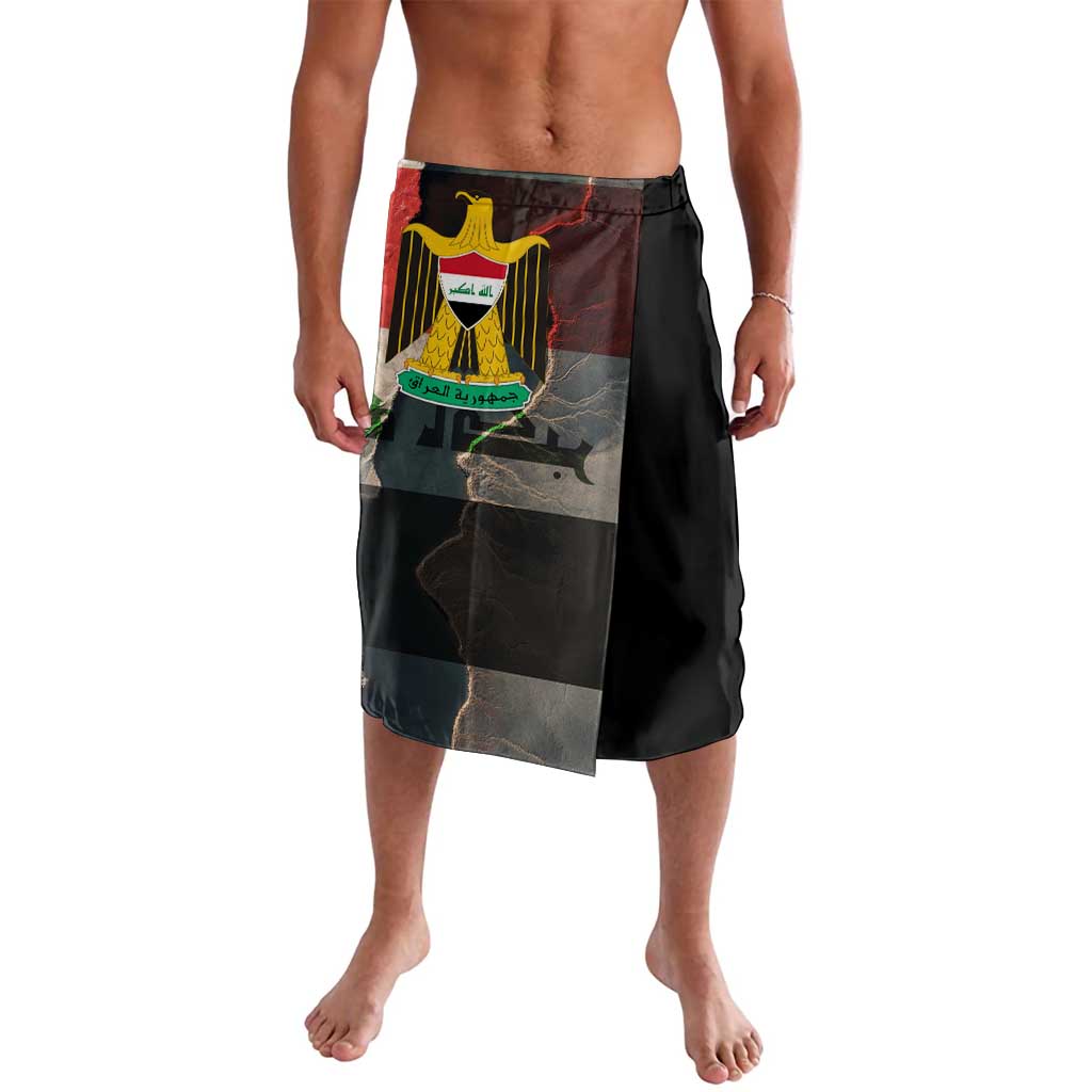 Iraq Flag Texture Lavalava with Golden Eagle Emblem and Cracked Earth Background Design - Wonder Print Shop