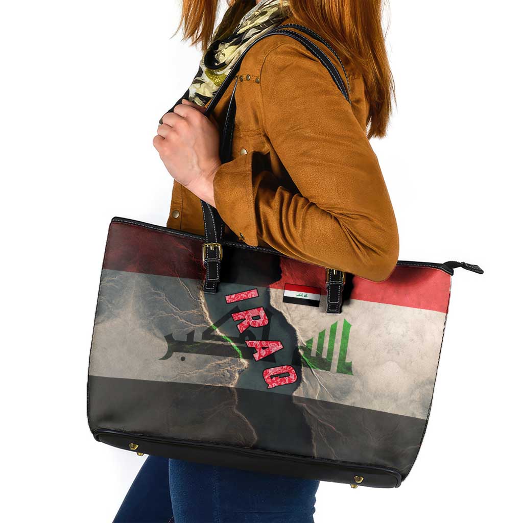 Iraq Flag Texture Leather Tote Bag with Golden Eagle Emblem and Cracked Earth Background Design - Wonder Print Shop