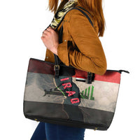 Iraq Flag Texture Leather Tote Bag with Golden Eagle Emblem and Cracked Earth Background Design - Wonder Print Shop