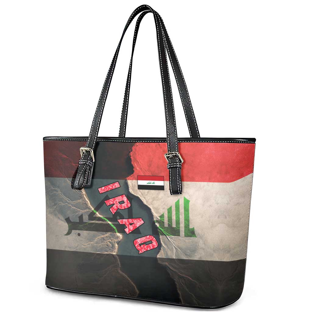 Iraq Flag Texture Leather Tote Bag with Golden Eagle Emblem and Cracked Earth Background Design - Wonder Print Shop