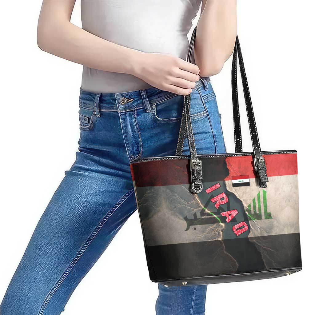 Iraq Flag Texture Leather Tote Bag with Golden Eagle Emblem and Cracked Earth Background Design - Wonder Print Shop