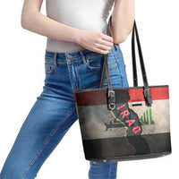 Iraq Flag Texture Leather Tote Bag with Golden Eagle Emblem and Cracked Earth Background Design - Wonder Print Shop