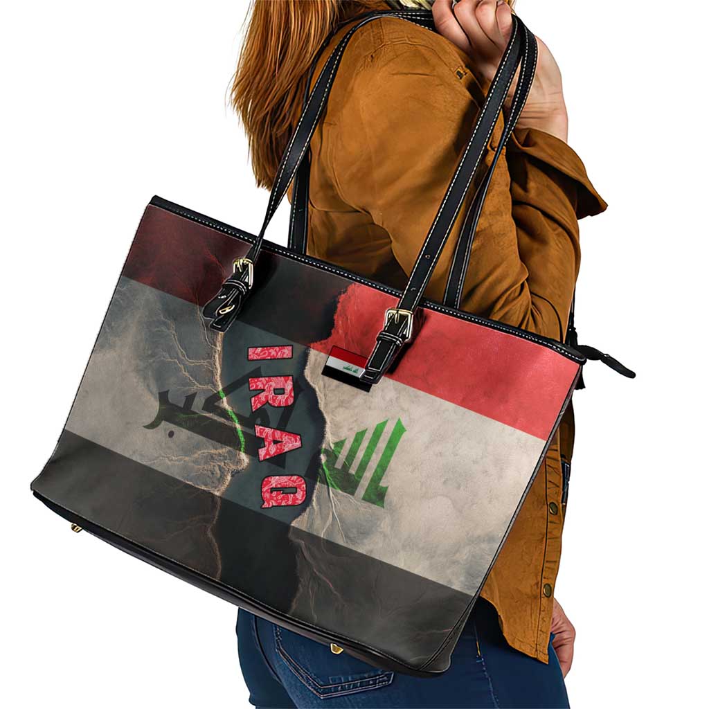Iraq Flag Texture Leather Tote Bag with Golden Eagle Emblem and Cracked Earth Background Design - Wonder Print Shop