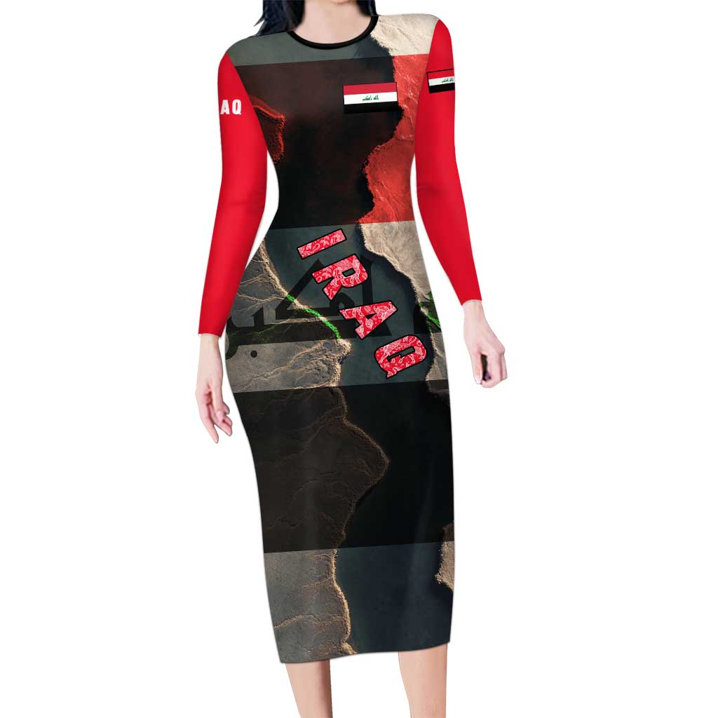 Iraq Flag Texture Long Sleeve Bodycon Dress with Golden Eagle Emblem and Cracked Earth Background Design - Wonder Print Shop