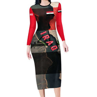 Iraq Flag Texture Long Sleeve Bodycon Dress with Golden Eagle Emblem and Cracked Earth Background Design - Wonder Print Shop