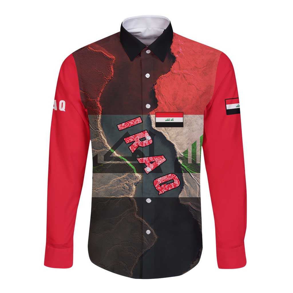 Iraq Flag Texture Long Sleeve Button Shirt with Golden Eagle Emblem and Cracked Earth Background Design - Wonder Print Shop