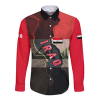 Iraq Flag Texture Long Sleeve Button Shirt with Golden Eagle Emblem and Cracked Earth Background Design - Wonder Print Shop