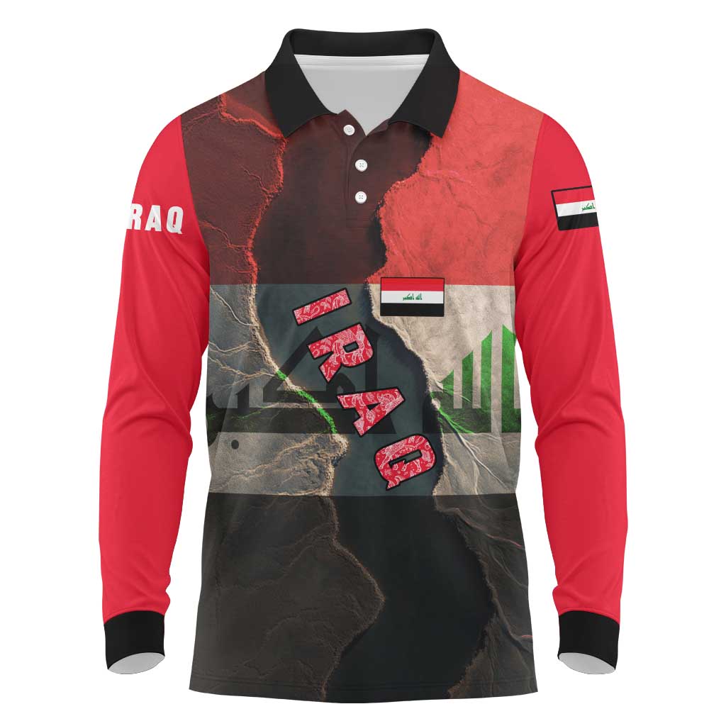 Iraq Flag Texture Long Sleeve Polo Shirt with Golden Eagle Emblem and Cracked Earth Background Design - Wonder Print Shop
