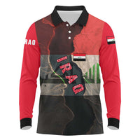 Iraq Flag Texture Long Sleeve Polo Shirt with Golden Eagle Emblem and Cracked Earth Background Design - Wonder Print Shop