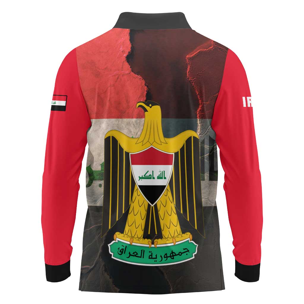 Iraq Flag Texture Long Sleeve Polo Shirt with Golden Eagle Emblem and Cracked Earth Background Design - Wonder Print Shop