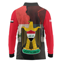 Iraq Flag Texture Long Sleeve Polo Shirt with Golden Eagle Emblem and Cracked Earth Background Design - Wonder Print Shop