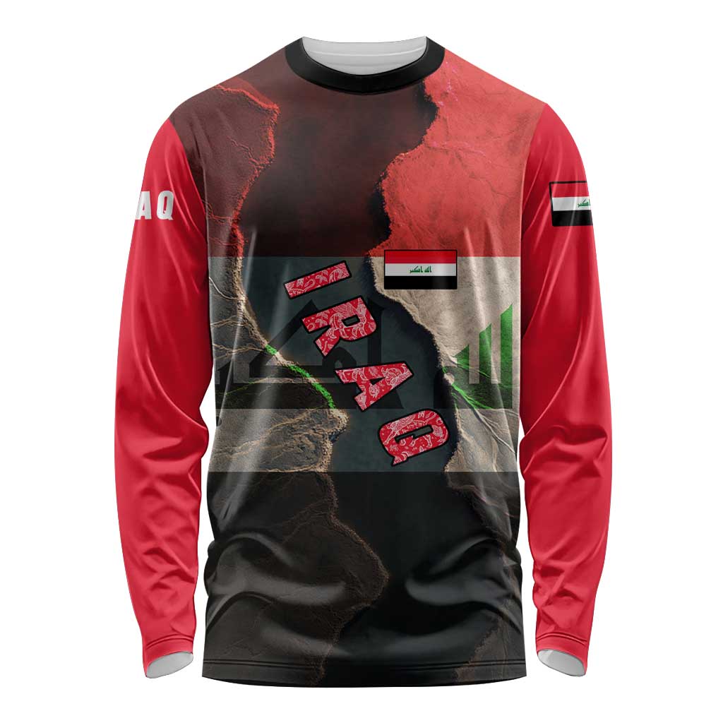 Iraq Flag Texture Long Sleeve Shirt with Golden Eagle Emblem and Cracked Earth Background Design - Wonder Print Shop