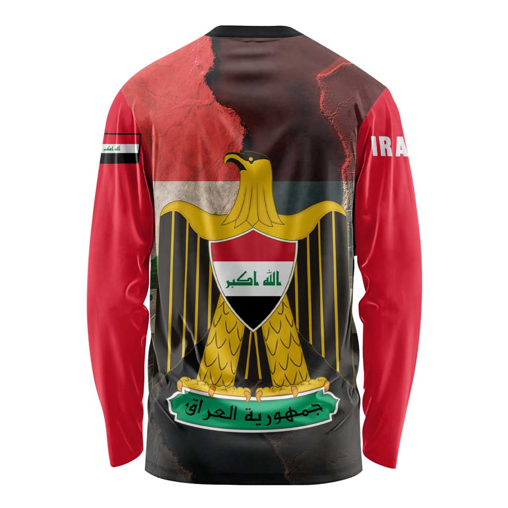Iraq Flag Texture Long Sleeve Shirt with Golden Eagle Emblem and Cracked Earth Background Design - Wonder Print Shop