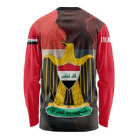 Iraq Flag Texture Long Sleeve Shirt with Golden Eagle Emblem and Cracked Earth Background Design - Wonder Print Shop