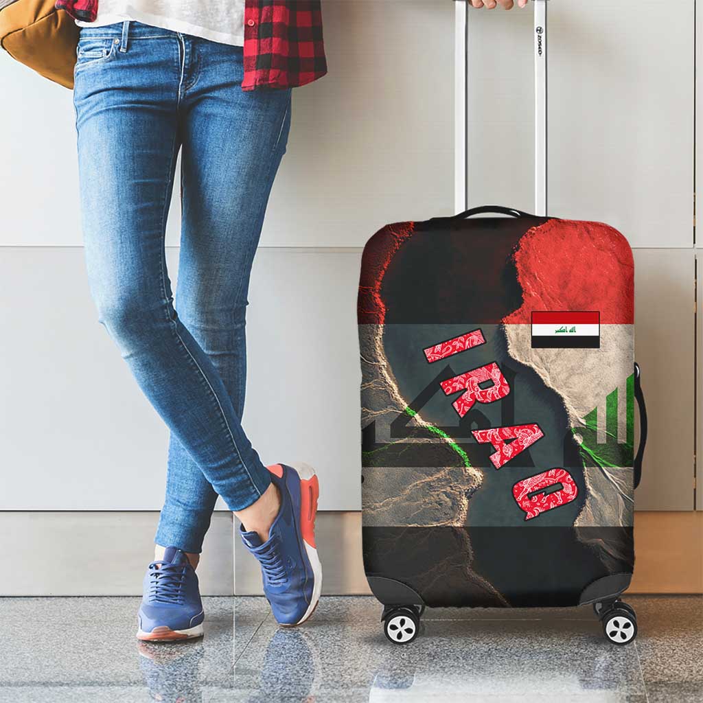 Iraq Flag Texture Luggage Cover with Golden Eagle Emblem and Cracked Earth Background Design - Wonder Print Shop