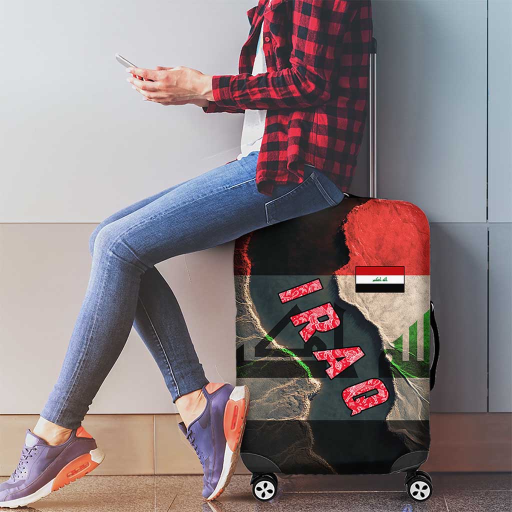 Iraq Flag Texture Luggage Cover with Golden Eagle Emblem and Cracked Earth Background Design - Wonder Print Shop